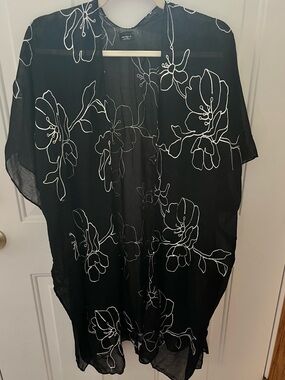 Fashly K Black Sheer Floral Kimono with White Outline Flowers-One Size